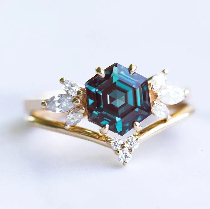 Rings Hexagon Alexandrite Engagement Ring Set Capucinne