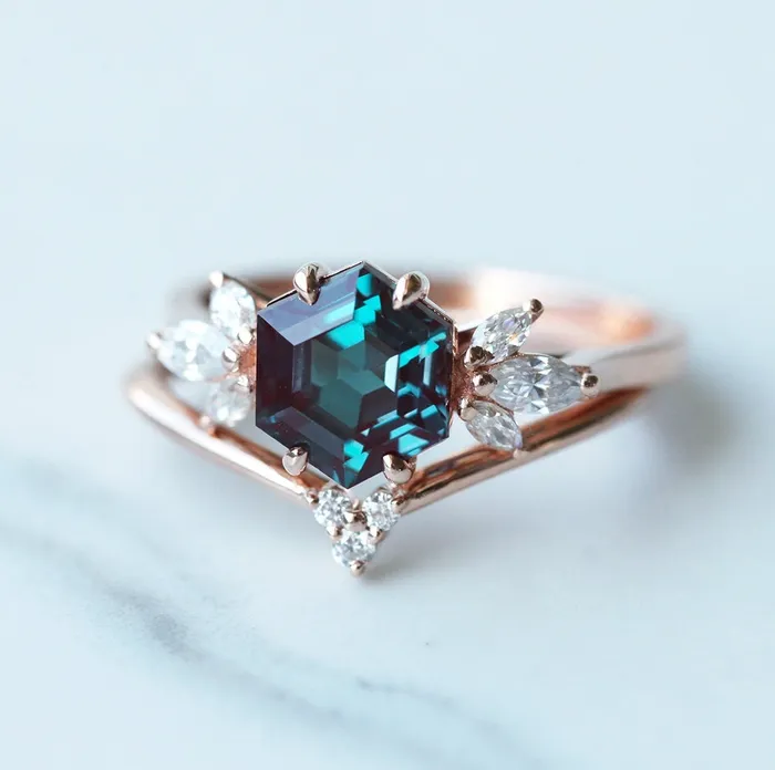 Rings Hexagon Alexandrite Engagement Ring Set Capucinne