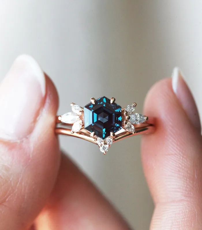 Rings Hexagon Alexandrite Engagement Ring Set Capucinne