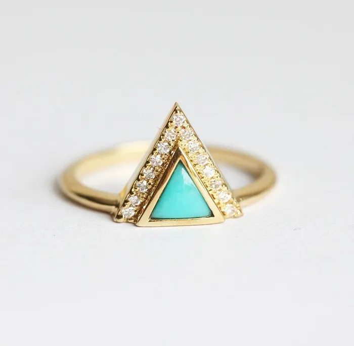 Rings Modern Triangle Cut Turquoise Ring with Diamond Chevron Capucinne