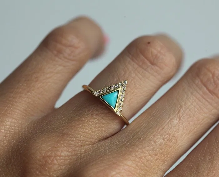 Rings Modern Triangle Cut Turquoise Ring with Diamond Chevron Capucinne