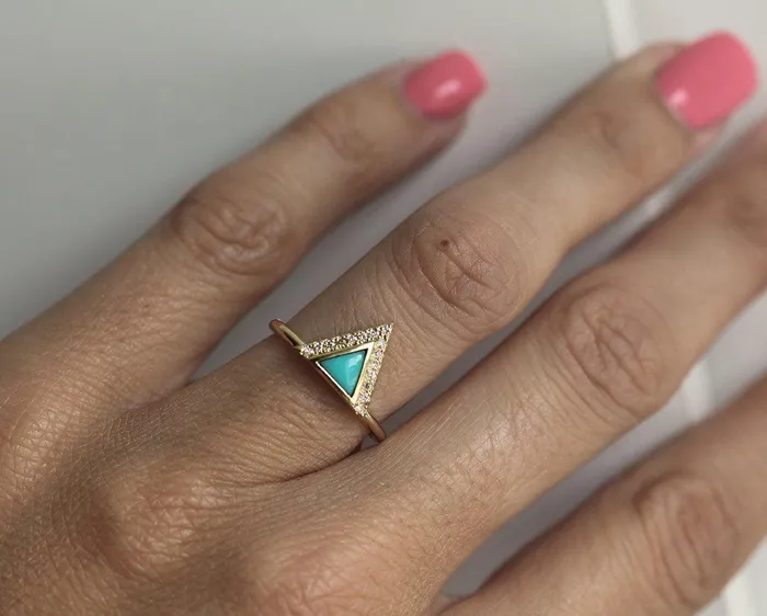 Rings Modern Triangle Cut Turquoise Ring with Diamond Chevron Capucinne
