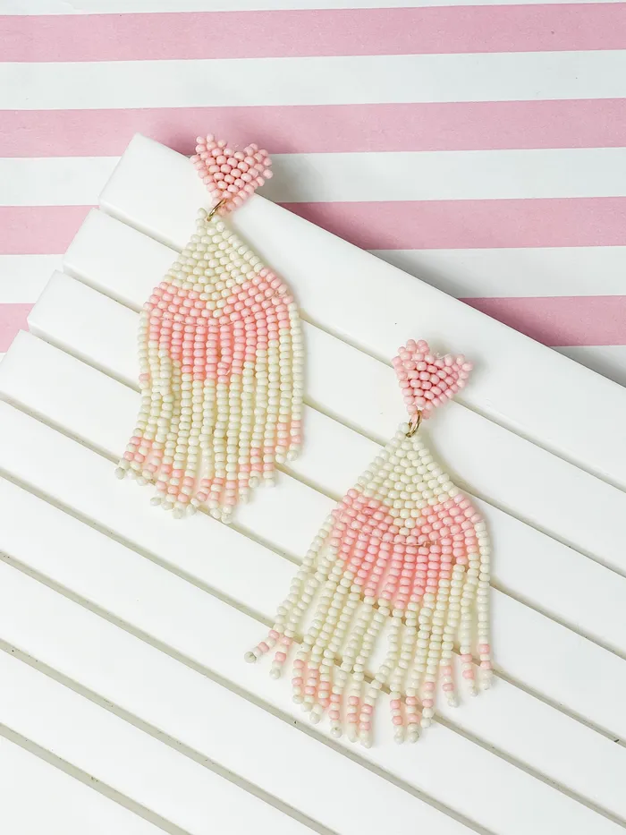 Seed Bead Tassel Heart Earrings Pink Prep Obsessed PR Earrings