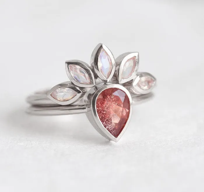 Sunstone Ring Set With Moonstone Engagement Band Capucinne Rings