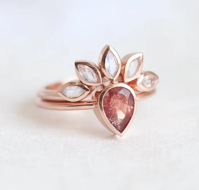 Sunstone Ring Set With Moonstone Engagement Band Capucinne Rings