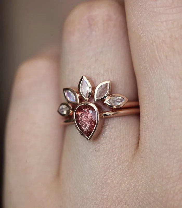 Sunstone Ring Set With Moonstone Engagement Band Capucinne Rings