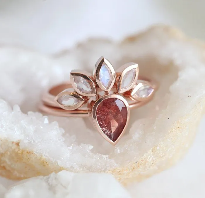 Sunstone Ring Set With Moonstone Engagement Band Capucinne Rings