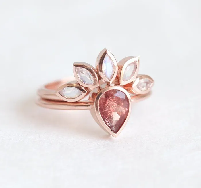 Sunstone Ring Set With Moonstone Engagement Band Capucinne Rings