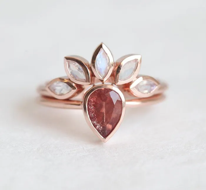 Sunstone Ring Set With Moonstone Engagement Band Capucinne Rings