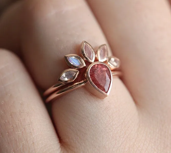 Sunstone Ring Set With Moonstone Engagement Band Capucinne Rings