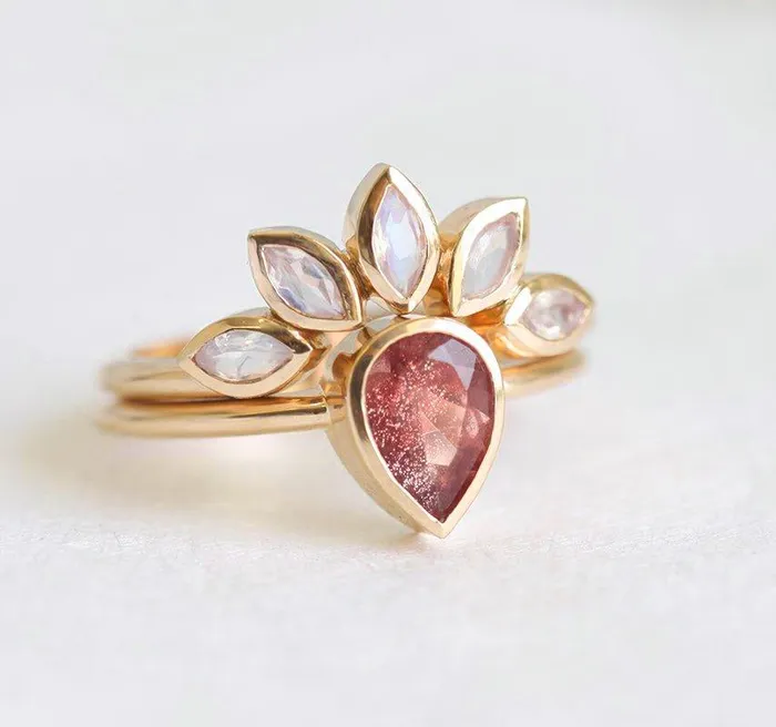 Sunstone Ring Set With Moonstone Engagement Band Capucinne Rings