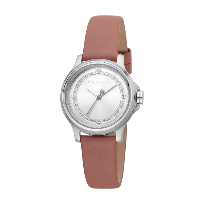 Watches Esprit Esprit Ladies Watch Old Rose Leather Strap With Silver Color Case Stone Inside The Dial