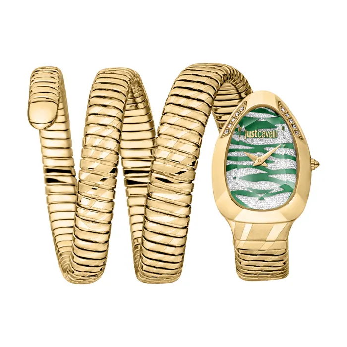 Watches Just Cavalli Just Cavalli Snake Shape Womens Gold Watch with Dark Green Dial Watches Just Cavalli Just Cavalli Snake Shape Womens Gold Watch with Dark Green Dial